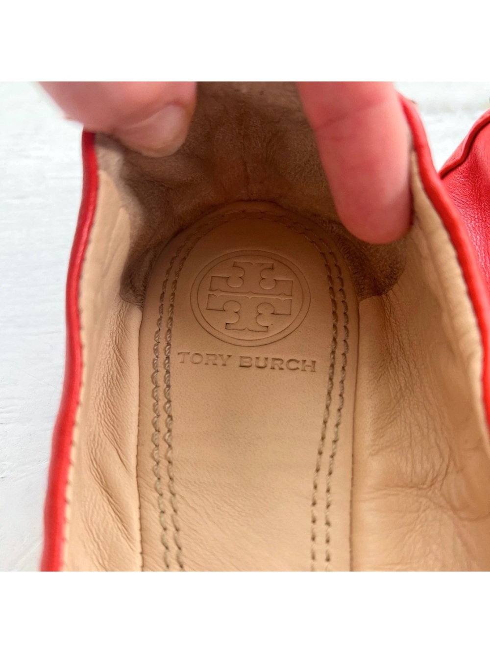 Tory Burch York Cap Toe Sz 7.5 M Leather Ballet Flats Poppy Red Orange Logo Gold - Picture 7 of 8